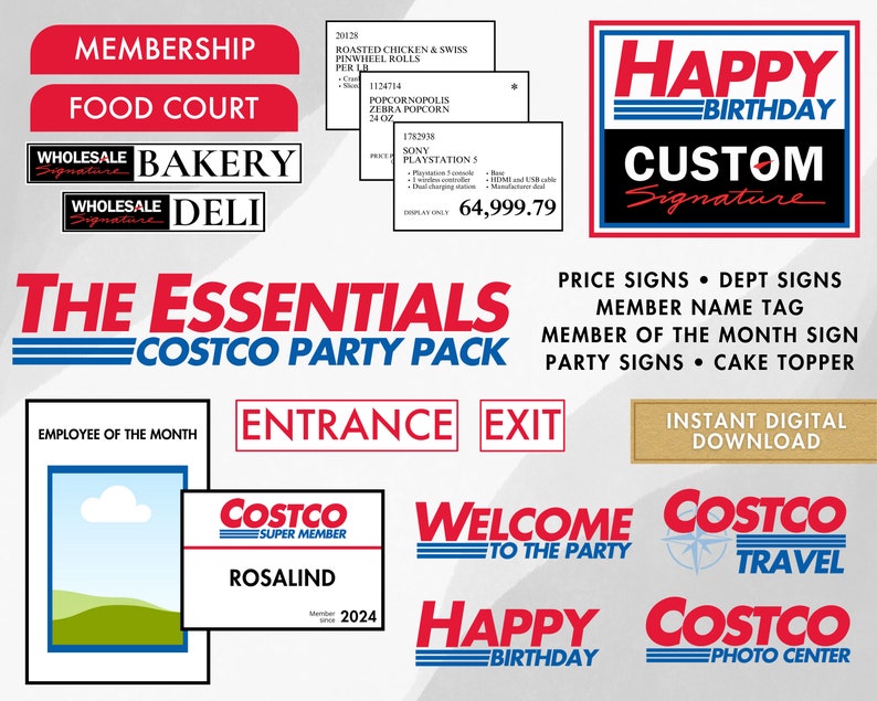 Cstco Party Pack Essentials Personalisierbare Preisschilder, Willkommen zur Party & Happy Birthday-Schild, Abt.Schilder, Mitglied des Monats, Badges Bild 1