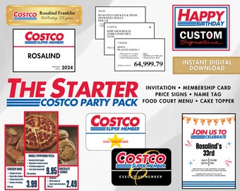 Costco Party Pack Starter - Aanpasbare prijsborden, uitnodiging, Kirkland taarttopper, welkomstbord, naamplaatje badge, gelukkige verjaardag teken