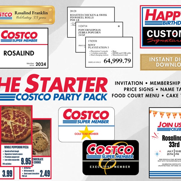 Costco Party Pack Starter - Señales de precios personalizables, invitación, decoración de pastel Kirkland, señal de bienvenida, insignia de etiqueta de nombre, señal de feliz cumpleaños