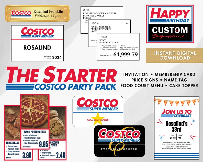 Costco Party Pack Starter Customizable Price Signs, Invitation, Kirkland Cake Topper, Welcome Sign, Name Tag Badge, Happy Birthday sign image 1