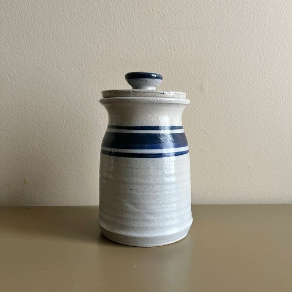 Blue Stripe Stoneware Canister with Lid | Glazed Ceramic Pottery Jar