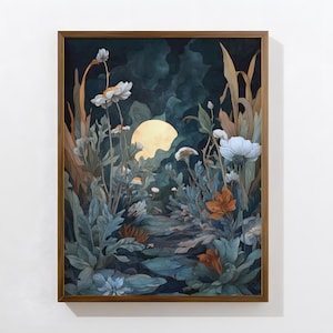 Moonlit Garden Printable Wall Art – Dark Fantasy Flowers and Full Moon Illustration – Whimsical Floral Night Scene – Digital Download Print