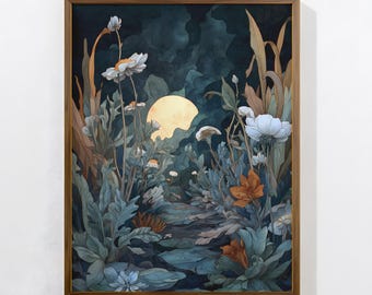 Impresión de Jardín Iluminado por la Luna: Luna Llena Floral de Fantasía Oscura (Descarga Digital)