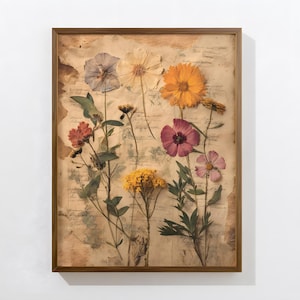 Pressed Flower Printable Wall Art – Vintage Botanical Herbarium Print – Rustic Dried Flower Artwork Digital Download Nature Decor Print Art