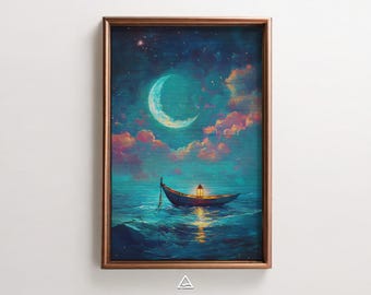 Dreamy Moonlit Boat Print – Surreal Night Sky Wall Art – Fantasy Ocean Digital Download