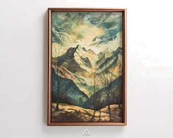Pode incluir: Pintura de paisagem emoldurada retratando uma cordilheira sob um céu nublado. A obra de arte apresenta uma paleta de cores de azuis, verdes e castanhos, com árvores sem folhas em primeiro plano. A moldura é de cor castanha quente.