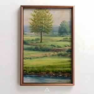 Vintage Summer Countryside Landscape – Printable Oil Painting of a Lone Tree by the River – Rustic Farmhouse Wall Art – Digital Download