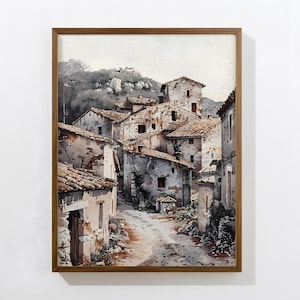 Rustic Village Street Print – Vintage European Countryside Wall Art – Old Town Digital Download for Farmhouse Decor