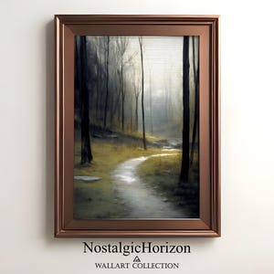 Misty Forest Path Wall Art Printable – Moody Woodland Trail Painting – Dark Nature Landscape Digital Download – Atmospheric Forest Print