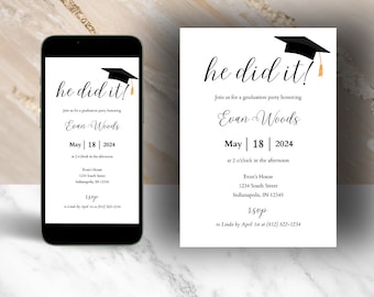 Graduation Invitation Template, High School Graduation, College Graduation, Mobile Invite, He did it, Digital Download, Canva