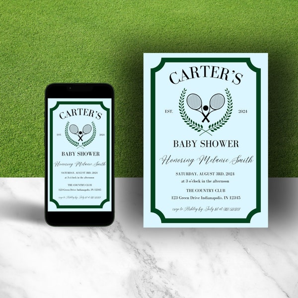 Country Club Baby Shower, Tennis, Editable Invitation Template, Canva