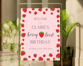 Berry First Birthday Welcome Sign: Strawberry Party Decor (Digital Download)