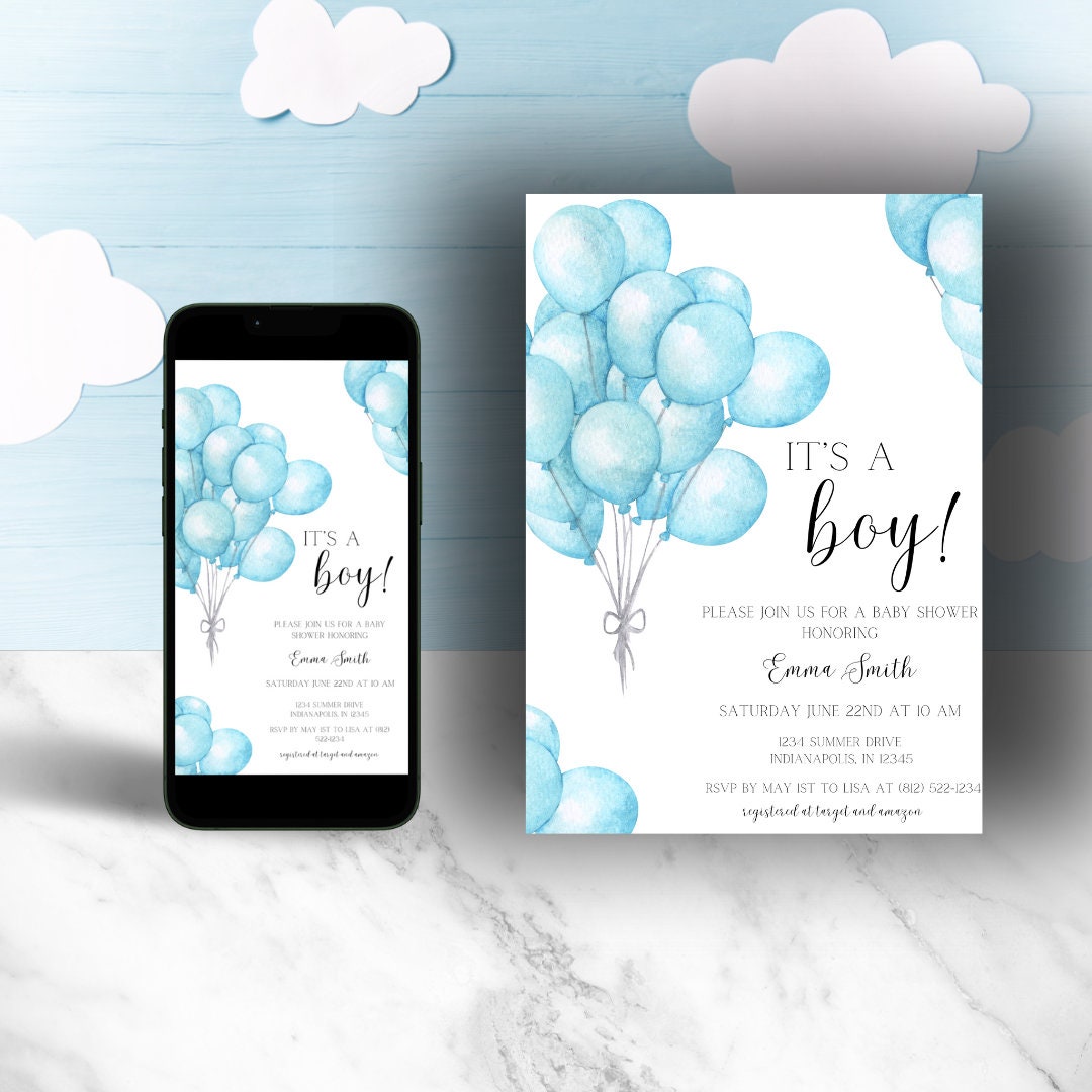 Blue Balloons Boy Baby Shower Invitation Template (digital Download) - Etsy