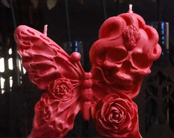Skull & Butterfly Pillar Candle | Gothic Home Decor