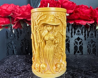 Witch & Skulls Pillar Candle: Gothic Halloween Decor
