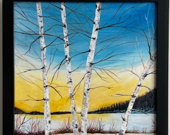 Winter glow – 8x10 inches acrylic painting / Landscape painting wall art / Frames artwork
