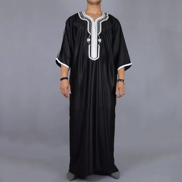 2024 Summer New Kaftan Muslim Men Short Sleeve Embroidery Loose Breathable Casual Robe Islamic Abaya