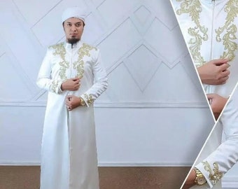 2024 Premium Jubba Thobe Wedding Dress Men's Muslim Jubba Thobe Stand Collar Long Sleeve Robes Abaya Casual Male Islamic Arabic Kaftan