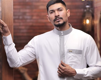 Brand New 2024 Men's Muslim Jubba Thobe Solid Color Stand Collar Long Sleeve Robes Abaya Casual Male Islamic Arabic Kaftan