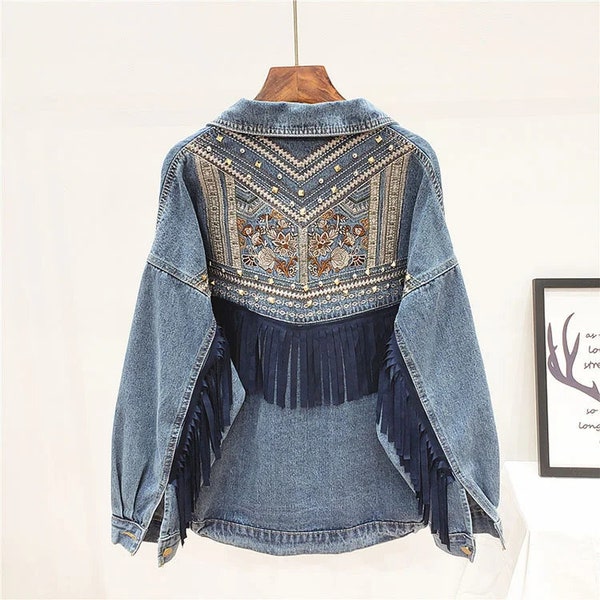 2024 Denim Jacket Korean Floral Embroidery Suede Fringe Loose Chaquetas Mujer Coat Long Sleeve Outerwear Women Veste Femme