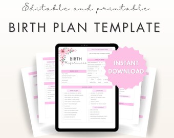 Editable Birth Plan Template | Printable Birth Plan | Editable on Canva