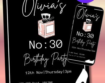 Chic Black & White Birthday Invitation | Glam Perfume, Heels (Digital Download)