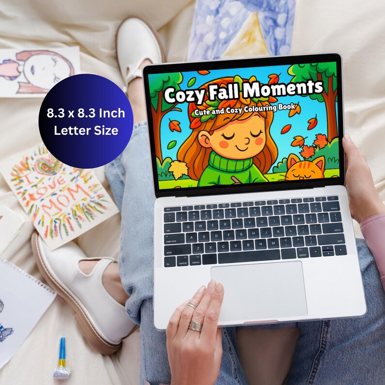 May include: A laptop displaying a colorful illustration from a coloring book titled "Cozy Fall Moments." The image shows a girl with red hair and a cat. The laptop is open on a person's lap, with drawings and a blue circle with text nearby.