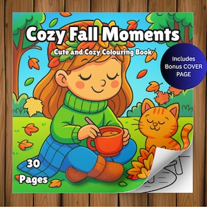 May include: A colorful children's coloring book titled "Cozy Fall Moments." The cover features a cartoon girl with orange hair, a green sweater, and blue pants, holding a mug. An orange tabby cat sits nearby. Includes 30 pages and a bonus cover page.