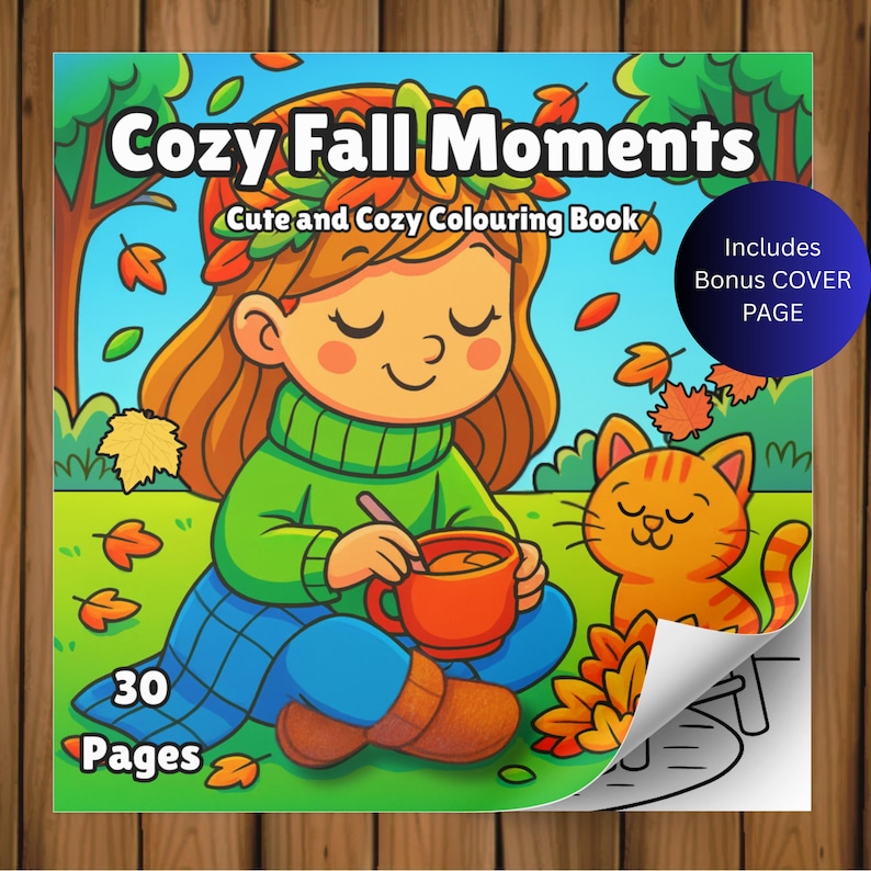 May include: A colorful children's coloring book titled "Cozy Fall Moments." The cover features a cartoon girl with orange hair, a green sweater, and blue pants, holding a mug. An orange tabby cat sits nearby. Includes 30 pages and a bonus cover page.