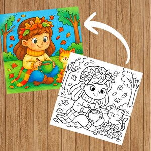 May include: A colorful illustration of a girl with brown hair wearing a fall leaf crown and a yellow sweater, holding a green mug. A cat sits beside her. The image is next to a black and white line drawing of the same scene.