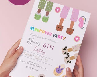 May include: A white invitation for a sleepover party, held by hands, with illustrations of pajamas, donuts, and a sleep mask. The invitation reads "Sleepover Party" and includes the date, time, and location.