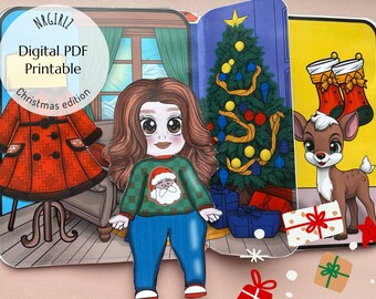 Papieren kerstpop en afdrukbaar poppenhuis, digitale download, knutselen voor kinderen, kersteditie