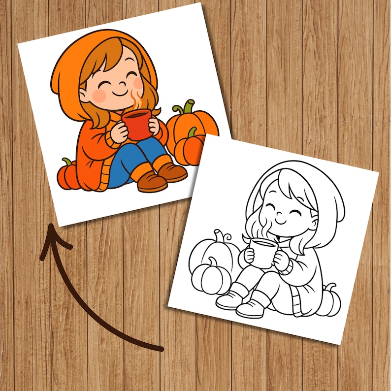 May include: A cartoon illustration of a person in an orange hooded jacket, blue pants, and brown boots, holding a red mug. The person is sitting next to pumpkins. A black and white outline version of the image is also shown.