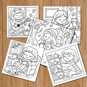 May include: A collection of black and white line art illustrations depicting cozy autumn scenes. The images feature a girl playing guitar, reading, drinking tea, and interacting with a cat and pumpkins. The illustrations are perfect for coloring.