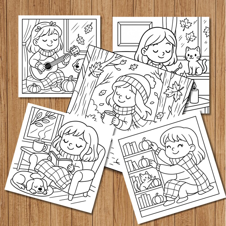 May include: A collection of black and white line art illustrations depicting cozy autumn scenes. The images feature a girl playing guitar, reading, drinking tea, and interacting with a cat and pumpkins. The illustrations are perfect for coloring.