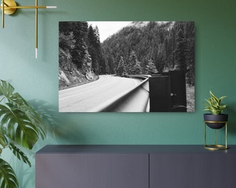 Mountain Road Black and White Canvas Print, Forest Photography, Rocky Mountains