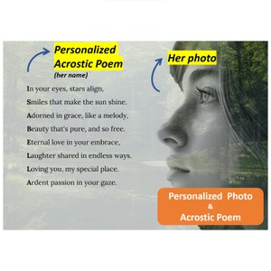 Foto personalizada y tarjeta de poema acróstico para ella, saludo del día de San Valentín para esposa, foto personalizada y poema acróstico para novia