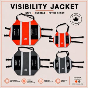 May include: Orange and grey dog visibility jackets with reflective strips, adjustable fit, and dual patch panels. The jackets have text that reads "In Training", "Therapy Dog", "Emotional Support", and "Ask to Pet". Available in small and large sizes.