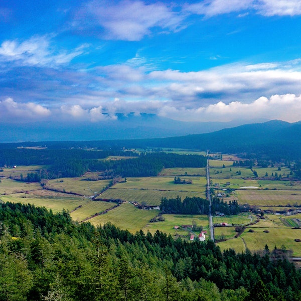 Overlooking valley on Orcas Island in the San Juan Islands of Washington State, as viewed from Turtleback Mountain Trail