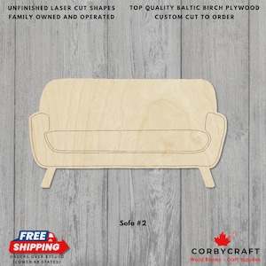 May include: Unfinished laser-cut sofa shape made from Baltic birch plywood. The sofa is labeled "Sofa #2" and is ready for customization. The image also includes text that says "Unfinished Laser Cut Shapes" and "Family Owned and Operated".