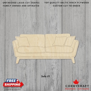 May include: Unfinished laser-cut sofa shape made from Baltic birch plywood. The sofa design includes two cushions and two pillows. The text "Sofa #1" is below the sofa. The image also includes the text "Unfinished Laser Cut Shapes" and "Custom Cut to Order".