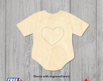 Onesie with Heart Laser Cut | Unfinished Baltic Birch Cutouts | Laser Cut Baby Onesie Shapes