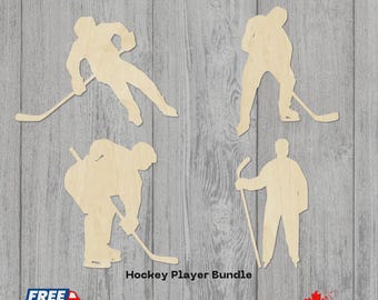 Wooden Hockey Player Bundle | Laser Cut Baltic Birch 4 Designs | Unfinished Hockey Cutouts for DIY Projects