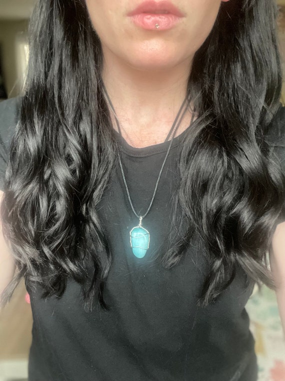 Wire Wrapped Aragonite Pendant: Bright Blue Healing Crystal Necklace