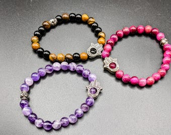 Children&#39;s Protection Bracelet- Healing bracelet-Girls-Boys- Hamsa Hand- Lepidolite- Tiger&#39;s Eye- Magenta Tiger&#39;s Eye-