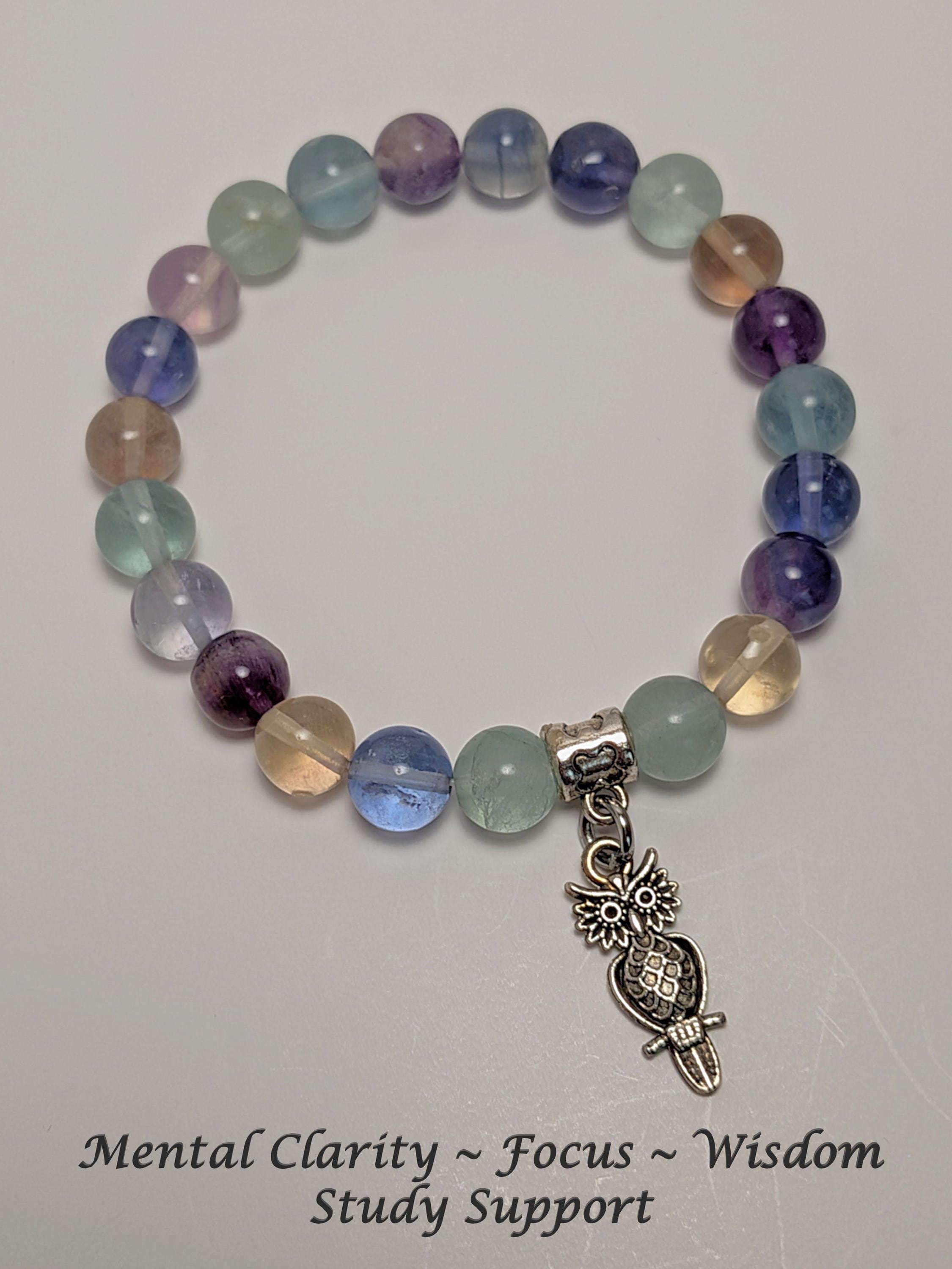 Study & Focus Fluorite Bracelet with Owl Charm - Wisdom Crystal Gift for Students - Mental Clari