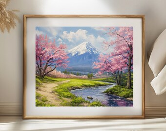 Sakura Mountain | Cherry Blossom Wall Art | Stunning Oil Painting Style Wall Art | Landscape Wall Art | Physical Print