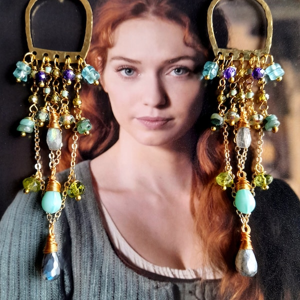 Multi Gemstone Chandelier Earrings. Aqua Blue & Green Long Drop Earrings. Gold Artisan Earrings. Labradorite, Emerald, Apatite. Bohemian.