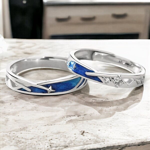 Adjustable Sea Blue Couple Rings - Ocean Hue Star Design, Celestial-Inspired Elegant Jewelry Perfect for Anniversaries Romantic Wedding Gift