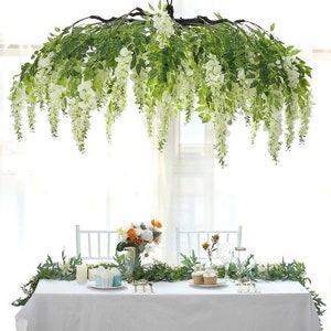 55” Cream Artificial Silk Wisteria Vine Round Hanging Canopy, Draping Garland Flower Chandelier With Interchangeable Branches decorations